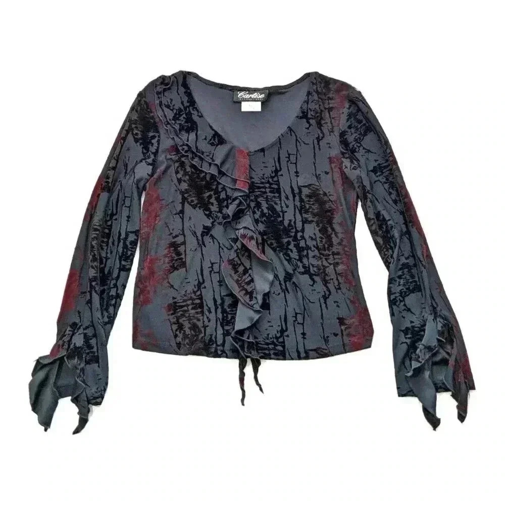 Cartise International Black Red Velvet Ruffle Bell Sleeve V Neck Whimsigoth
